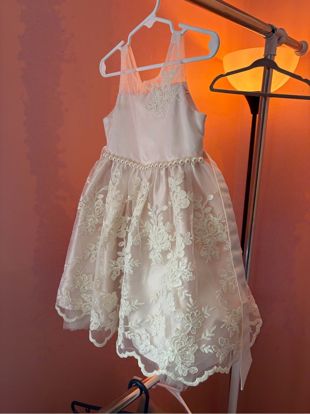 Girls Ivory Lace Party Dress with Pearl Waist